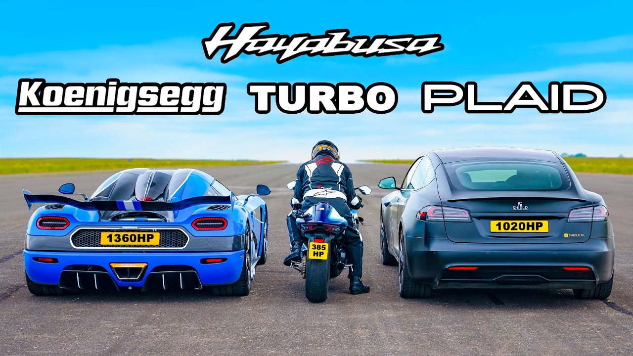 Koenigsegg v Tesla Plaid v Turbo Hayabusa: DRAG RACE