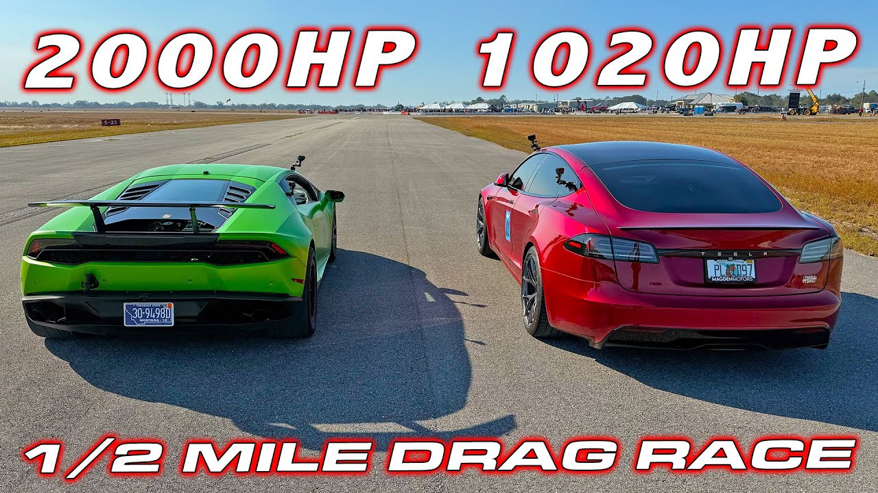 2,000 HP Lambo vs my Tesla Model S Plaid 1/2 Mile Drag Race