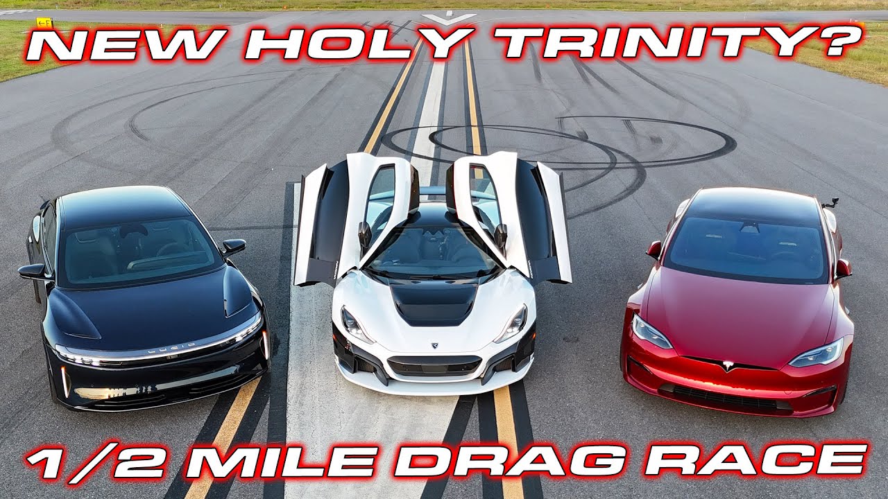 1,914 HP Rimac Nevera vs Lucid Sapphire vs Tesla Plaid 1/2 Mile Race