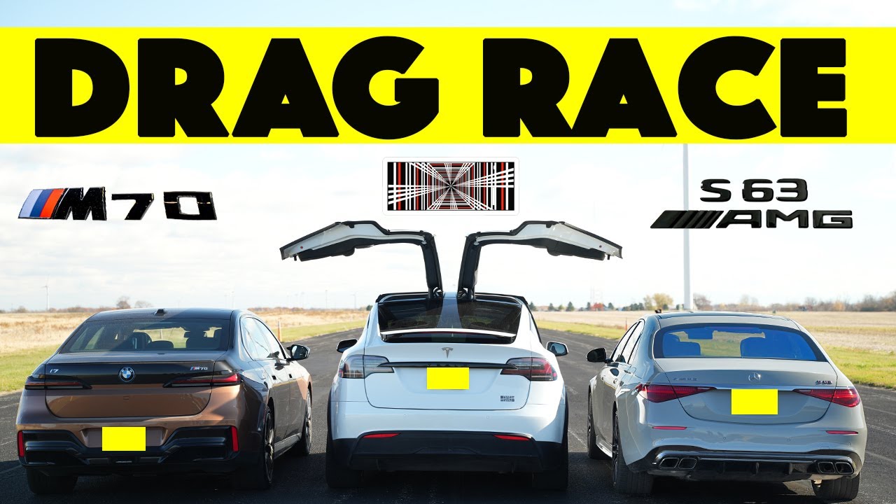 2025 Mercedes-Benz S63 E Performance vs Tesla Model X Plaid vs 2024 BMW i7 M70. Drag and Roll Race