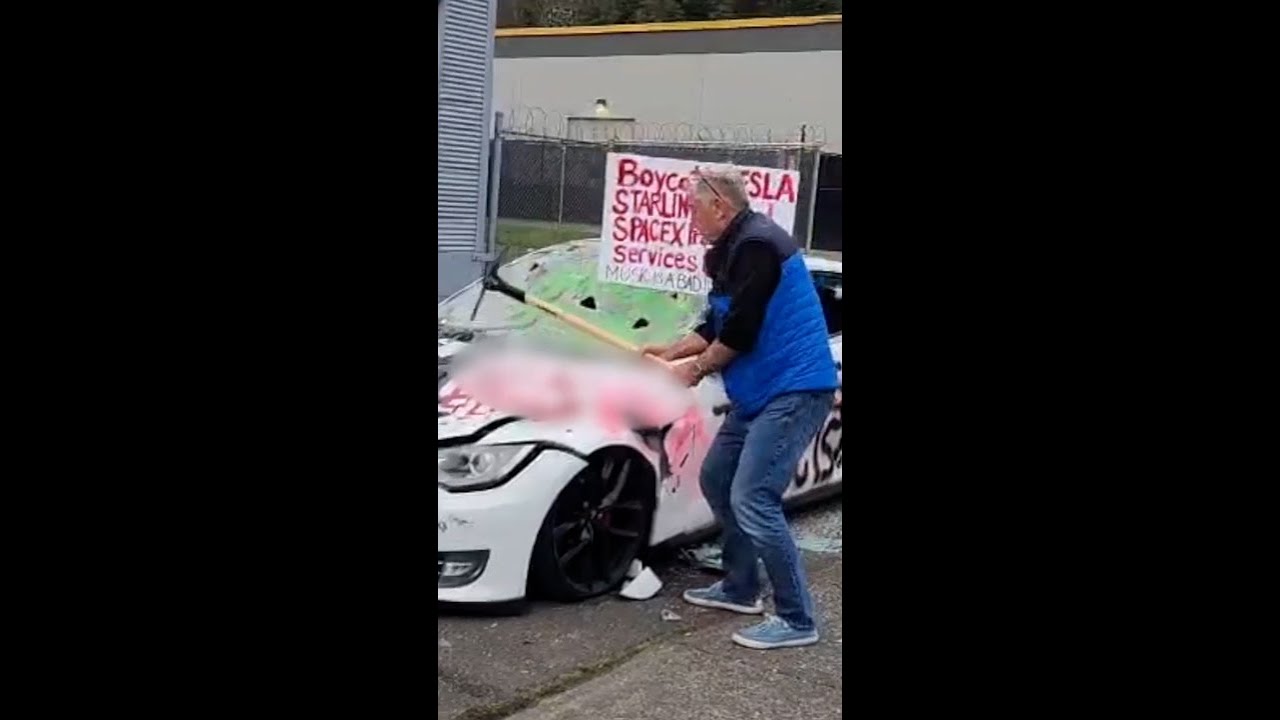 Anti-Tesla protesters destroy car with pickaxes