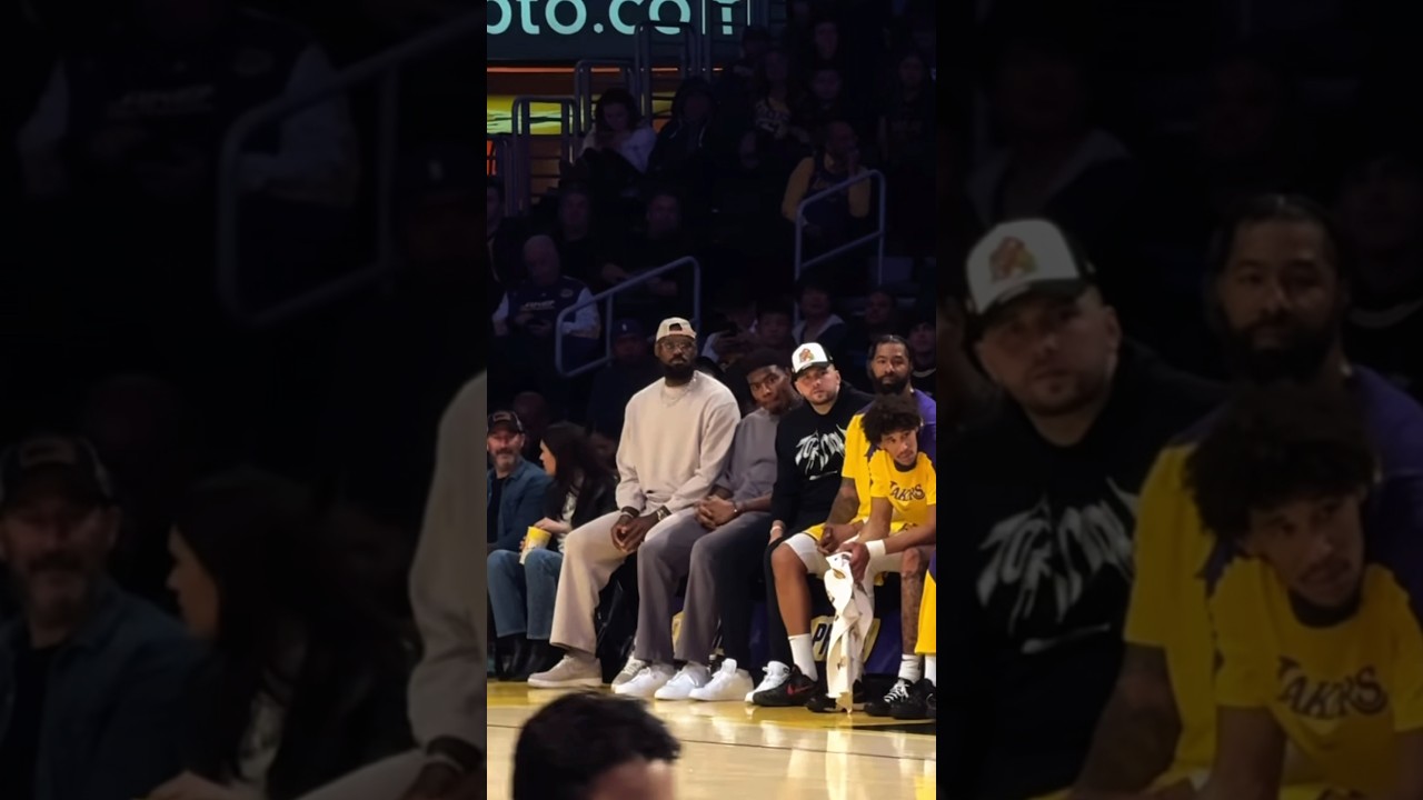 LeBron and Luka Doncic courtside cheering on their teammates at crypto.com arena